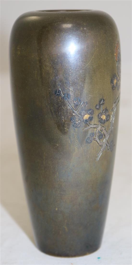 A Japanese bronze and mixed metal slender ovoid vase, early 20th century, 12cm